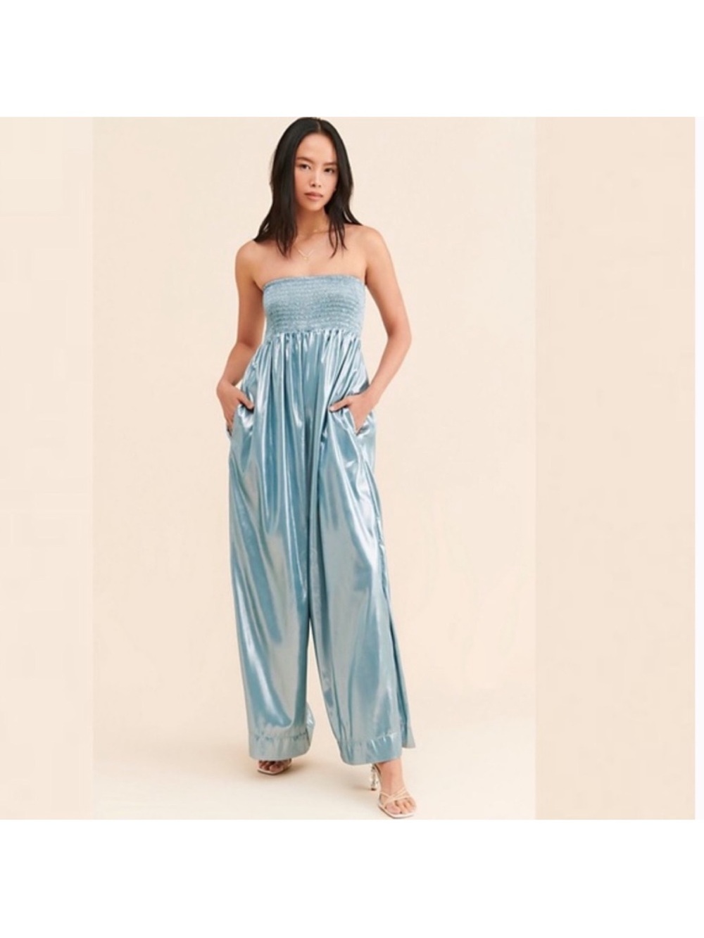 Free People Metallic Strapless Smocked Jumpsuit in Light Blue